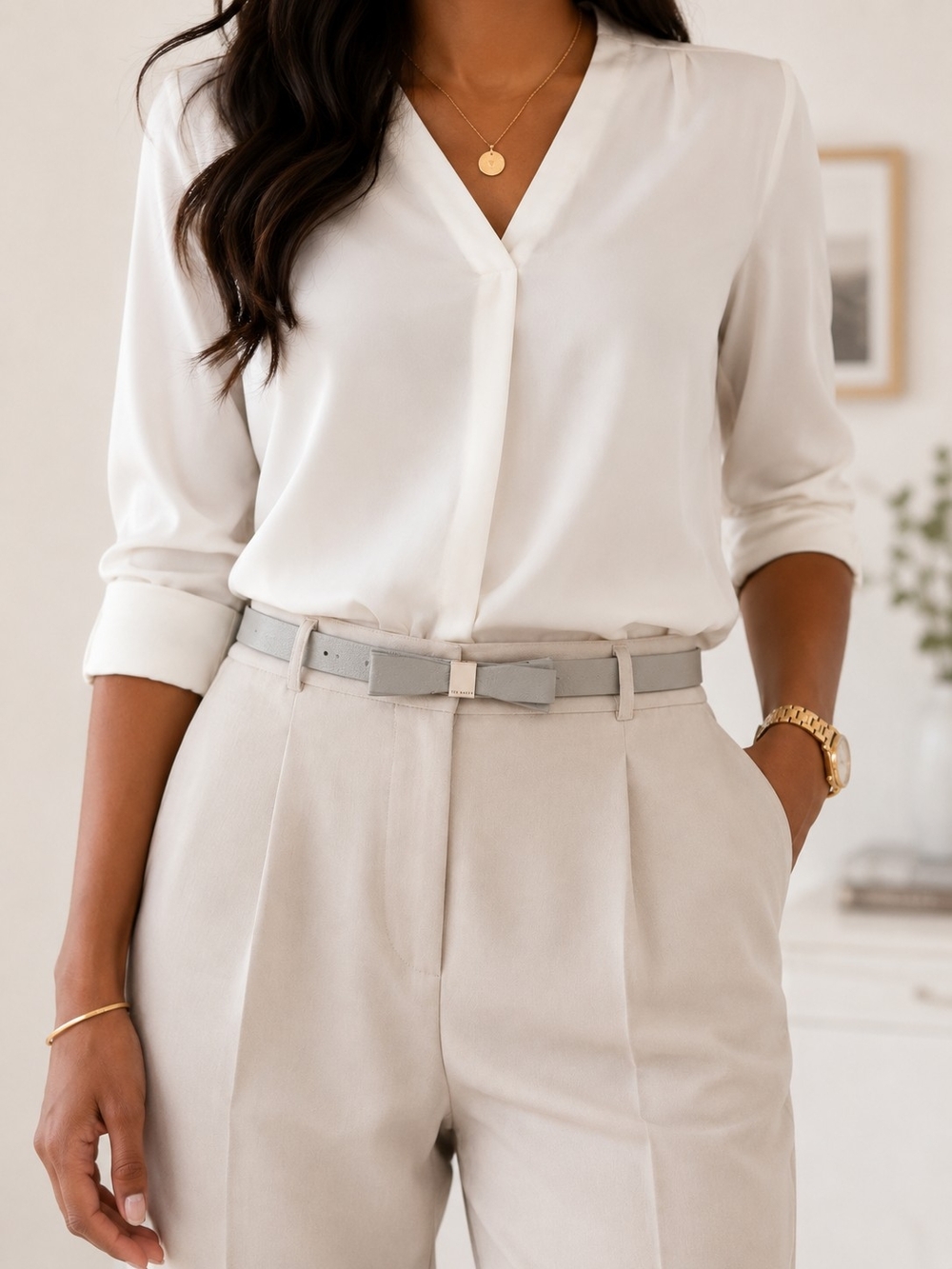Ted Baker Light Gray Bow Accent Leather Belt